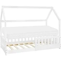 ML-DESIGN Spielbett Hausbett Kinderbett inkl. Lattenrost kreativ Bodenbett für Kinder, Abenteuerbett zum Spielen mit Rausfallschutz Kiefer Weiß Himmelbett