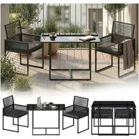 STEELSØN Gartenlounge-Set Kynaris 3-teilig mit 2 Stühlen und Tisch, (schwarz/anthrazit, platzsparend klappbar), Polyrattan Sitzgruppe, Tisch mit Glasplatte, mit Sitzpolstern