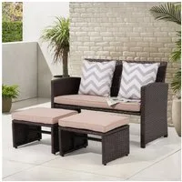 Sunsitt Gartenbank Outdoor Loveseat (3-tlg Terrassenmöbel-Set, Allwetter Rattan Gartenbank mit 2 Hocker), Braun Rattan&Beige Kissen