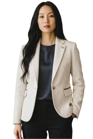 Damen cremefarbener Woll-Tweed-Fischgrät-Karoblazer – WS-1