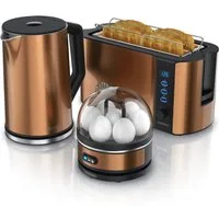 Arendo Frühstücks-Set (3-tlg), Wasserkocher 1,5l, 4-Scheiben Toaster, 7er Eierkocher, Kupfer