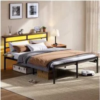 Yaheetech Bettgestell mit LED-Beleuchtung & Ladestation & Seitlicher Ablage, Doppelbett 160 × 200 cm Metallbett mit Stauraum unter dem Bett
