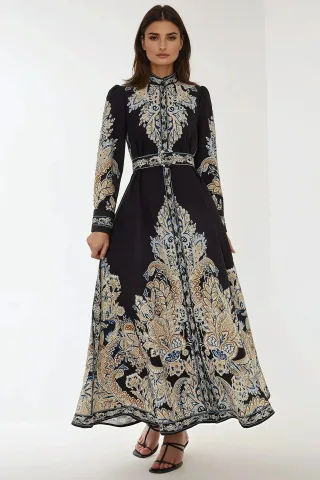 Bedrucktes A-Linien-Maxikleid mit Gürtel
