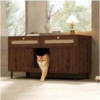 Flieks Mehrzweckschrank Katzentoilettenschrank mit Katzenstreufangmatte und Rattan-Schubladen (1-St., 120x50x65 cm) Katzenstreuwanne-Schrank Tierhaus Sideboard Walnussholzfarbe