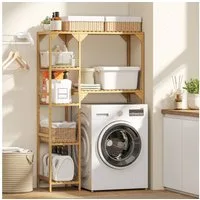 HOMCOM Badregal Waschmaschinenregal Bambus mit 7 Ebenen und umkehrbaren Ablagen, Toilettenregal 1-tlg., für Badezimmer, Naturholz