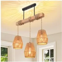 Rosnek Hängeleuchten 3-flammige Rattan Pendelleuchte 40 W – Höhenverstellbar Küchenlampe, Warmweiß, Halogen, Farmhouse Kronleuchter aus Glas für Küche, Esszimmer – Landhausstil