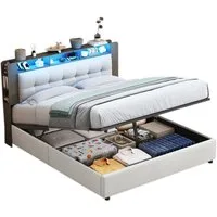 ADWOLT Stauraumbett Polsterbett Doppelbett mit Drahtlose Ladefunktion (Set, 1-tlg., Gepolstertes Kopfteil mit Staufächern aus Holz), Hydraulischerbett mit LED-Beleuchtung, Samt, Beige, 160x200 cm