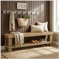 Tribesigns Schuhbank 160 cm lange Eingangsbank im Landhausstil mit Lattenablage (lange Sitzbank aus Holz mit Stauraum für Flur, Garderobe, Schlafzimmer, Wohnzimmer und Esszimmer, Eiche natur)