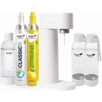 SodaTASTE Wassersprudler Mysoda Woody Wassersprudler – Premium Family-Set (Weiß), Biokomposit, 3x Flasche, Classic-Zylinder, Zitrone-Aroma