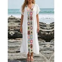 MOPUEA Strandkleid Strandtunika Damen Boho Kaftan Bikini Cover Up Lang V-Ausschnitt (Strandtunika, 1 lange Boho Strandtunika mit V-Ausschnitt) Oversize Schnitt Blumenmuster V-Ausschnitt Große Größen