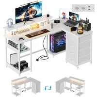 HOMALL Schreibtisch Eck-Schreibtisch, Gaming-Tisch mit Stauraum und Steckdosen (Ausgestattet mit 2 Steckdosen, 2 USB-Anschlüssen, 4 Schubladen, einer höhenverstellbaren Monitorhalterung, einer LED-Lichtleiste, 2 Einlegeböden sowie einer Halterung für