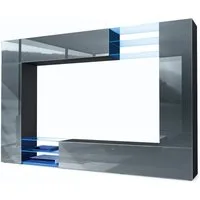 Vladon Wohnwand Mirage, (Anbauwand mit Rückwand mit 2 Türen, 2 Klappen und 6 offenen Glasablagen), Schwarz matt/Grau Hochglanz, inkl. LED-Beleuchtung (262 x 183 x 39 cm)