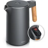 Arendo Wasserkocher Edelstahl, Doppelwand, Temperatureinstellung 40° - 100 °C mit Anzeige, 1,5 l, 2200 W, Warmhaltefunktion, 360° Basis, mit Griff in Holzoptik, BPA-frei
