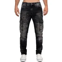 Cipo & Baxx Bikerjeans Herren Regular Fit Hose Stonewashed BA-CD798 im Cargo-Style mit 5-Pocket-Style und Rippenmuster