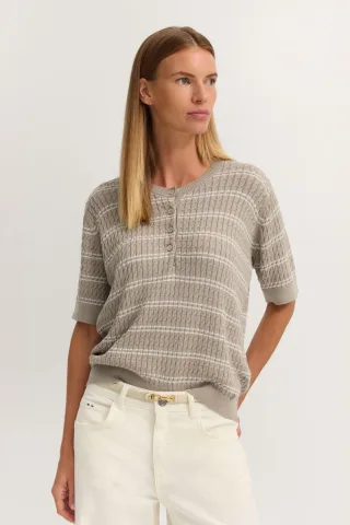 Bugatti Damen Pullover Rundhals mit kurzem Arm und Knopfleiste