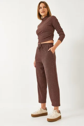 Strukturierter Rollkragen-Top-Crop-Set
