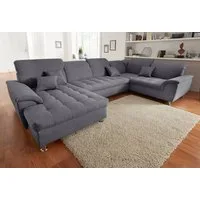 DOMO collection Wohnlandschaft FRANZI optional mit Bettfunktion, Bettkasten & Kopfteilverstellung, U-Form, Recamiere links, dunkelgrau, B/T: 352/214 cm