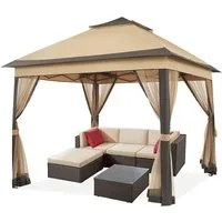 Yaheetech Faltpavillon Höhenverstellbarer Gartenpavillon mit Dach 3,3x3,3 m/ 4x4m, mit 4 Seitenteilen, Zelt mit Moskitonetz & Doppeldach & Tragetasche