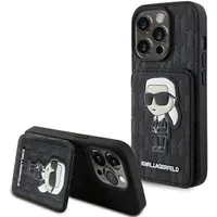 KARL LAGERFELD Handyhülle Case iPhone 15 Pro Max aufstellbar Kunstleder schwarz 6,7 Zoll, Kantenschutz
