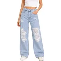 Ital-Design Weite Jeans Damen Wide Leg Jeans mit Spitze Destroyed Look (91978461) Applikation Relaxed Fit Jeans in Blau