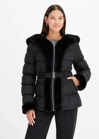 bonprix Steppjacke mit Fellimitat, schwarz, Gr.38, Winterjacke mit Gürtel