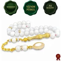 M-Punkt24 Kettenanhänger Tesbih Tespih Naturstein Küre Rund (Mondstein, 8 mm, Rund, Rosary, Subha Misbah, Gebetskette), Design Püskül, inkl. ETUI, *SONDERPREIS WEGEN PRODUKT NEUHEIT*