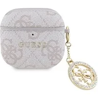 Guess Kopfhörer-Schutzhülle Case AirPods 4 Kunstleder rosa Logo Metal Kette Strass goldfarbig, Kantenschutz