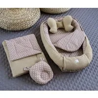 Loolay Bettnestchen Taupe WAFFELPIQUE/ Braun PUNKTE 5 TLG SET Babynest Babyausstattung, (PREMIUM Nestchen Geschenk SET für Neugeborene, 5-tlg., Nestchen für Mädchen und Junge, Babynestchen, Reisebett Unterlage), NESTCHEN + DECKE + MATRATZE + Bärchen 
