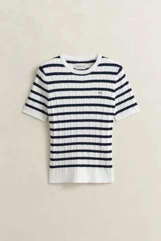 GANT - Gestreifter Zopfstrick Kurzarmpullover eggshell - Gr. - XL