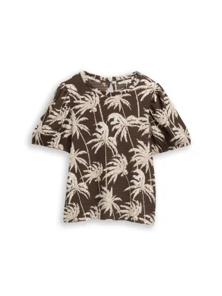 Denim Tom Tailor - Crinkle T-Shirt mit Ballonärmeln brown palmtree print - Gr. - XL