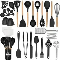 YMQHBS Kochbesteck-Set Küchenutensilien Set (43-tlg), Beste Küchenutensilien mit Halter (Set, 43-tlg., Löffel, Pfannenwender, Nudelportionierer, Pizzarädchen, Reibe), Tortenstreicher,Messbecher,Fettpinsel,Backofenhandschuh,Haken