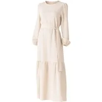 fashionshowcase Maxikleid Damen Crinkle Kleid mit Gürtel, Ballonärmel, 140 cm, Gr. 36–46 Mit Bindegürtel in Taille und dezentem Volant am Saum