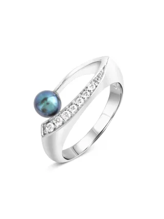 Zeeme Pearls Ring Silber 925 rhodiniert mit schwarzer Perle & Zirkonia weiß