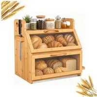 PFCTART Brotkasten Brotkasten XXL 38x28x39 cm – Großer Brotkasten aus Bambus, Bambus und Holz, (Set, 1-tlg., Für Brot, Baguette, Brötchen & Snacks – einfache Montage), 2 Etagen, Sichtfenster, Werkzeugablage & Messerhalter