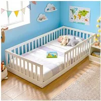 oyajia Kinderbett Bodenbett bis 200kg belastbar mit abnehmbarem Rausfallschutz, 90x200cm (Bett mit Rausfallschutz Bettrahmen aus Kiefer), Rausfallschutz & Lattenrost