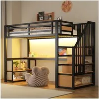 Flieks Hochbett Metallbett 90x200cm mit Stauraumtreppe, Regale und Schreibtisch