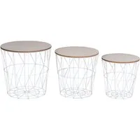 Levandeo® Couchtisch, 3er Set Beistelltisch Metall Metallkorb Drahtkorb Weiß Natur