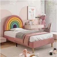 Flieks Polsterbett, Kinderbett mit verstellbarem Regenbogen-Kopfteil 90x200cm Samt