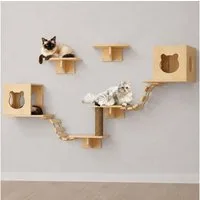 PEALOV Katzen-Kletterwand 9 Stück Deluxe‑Katzenmöbel aus Holz, Katzenbett, Klettergerüst, Tragkraft 12 kg, Wandmontage im Innenbereich
