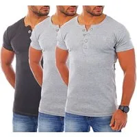 Young & Rich T-Shirt Herren basic fein gerippt mit trendigen extra großen Knöpfen 1872 mit Knopfleiste unifarben kurzarm slim fit
