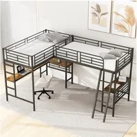 Ulife Etagenbett zwei Hochbett,Tisch unter dem Bett,Doppeltreppe, hohes Geländer,90*200cm*2