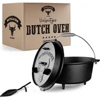 LAVUR Grilltopf BUFFALO BBQ Dutch Oven 7,5 L eingebrannt, Gusseisen-Feuertopf, Kochen, Braten & Grillen beim Camping inkl. Deckelheber & Tasche
