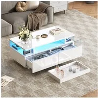 Merax Couchtisch hochglanz Sofatisch Beistelltisch mit LED-Beleuchtung (90x45x35.5cm, 1-St., Schubladen aus Acryl, Glas-Seitenteilen & App-gesteuertem Licht), Wohnzimmertisch mit Tablett, 2 Schubladen & 3 Ebenen Stauraum