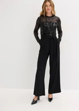 bonprix Overall mit Paillettenstickerei, schwarz, Gr.34, Modern und feminin: Overall mit Paillettenstickerei und Binde-Detail in der Taille
