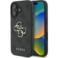 Guess Handyhülle iPhone 16 Kunstleder grau Big Logo goldfarbig 6,1 Zoll, Kantenschutz