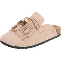 Ital-Design Damen Clog mit Fransen und Perlen, Schlupfschuh Pantolette (91742386) Flach Pantoletten in Beige