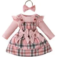 Lapastyle Shirt, Rock & Haarband Langarmbody, Trägerkleid und Stirnband für Neugeborene mit karierte (Set, 3-tlg) Baby Mädchen Süßes Outfit mit Schleife&Rüschen für Party, Geburtstage