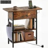HOMCOM Beistelltisch mit Steckdosenleiste, 2 Ebenen, USB-Anschlüssen, Stauraum (Couchtisch, 1-St., Nachttisch), für Wohnzimmer Schlafzimmer 60 x 29,8 x 58,5 cm Rustikal Braun