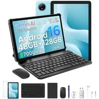 Aorlym P10 Tablet 10,1 Zoll Android 16, 48GB RAM, 7000mAh Akku Tablet (10.1", 128 GB, Android 16, WiFi, Gemini AI, Unisoc T310, 90Hz Display, Tastatur-Set, Dual Speaker)