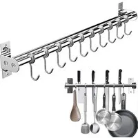 SURFOU Hakenleiste Küche Doppelte Edelstahlstange Küchenleiste mit 12 Haken &Messerhalter, (Hängeleiste Küchenreling, Edelstahl Doppelrohr, Küchenhakenleiste, Multifunktionale Hängeschiene mit Topfdeckel- & Messerhalter - 60 cm Topfi Topfdeckelhalter